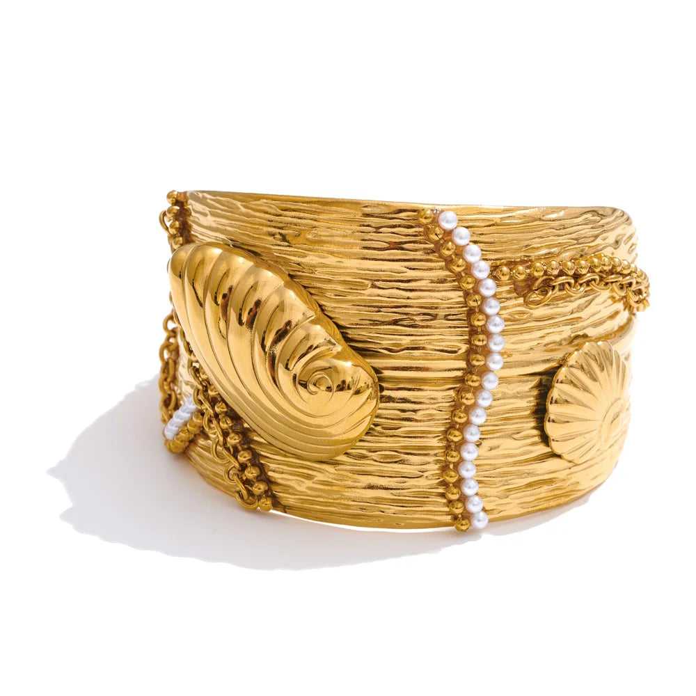 Wide ocean conch shell open statement bracelet - product image