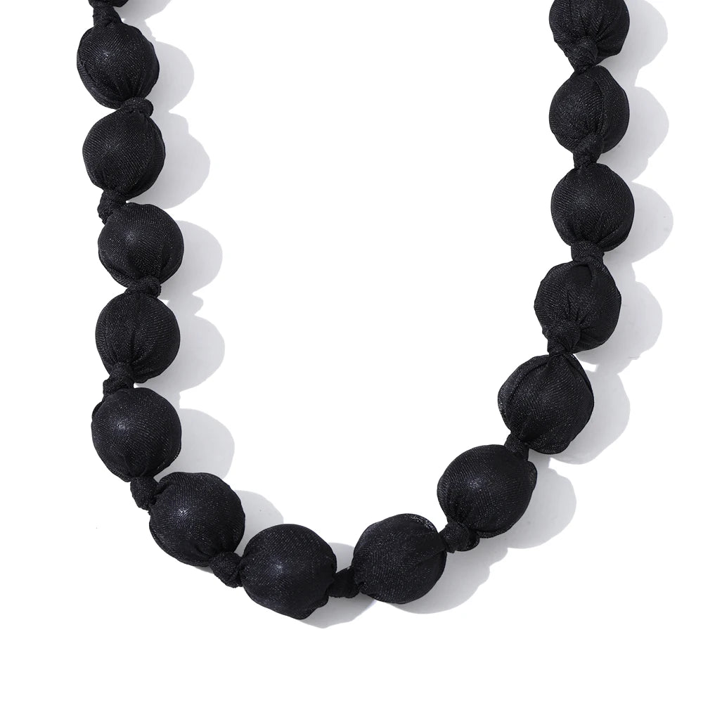 Wood fabric round beads long chain necklace - product image