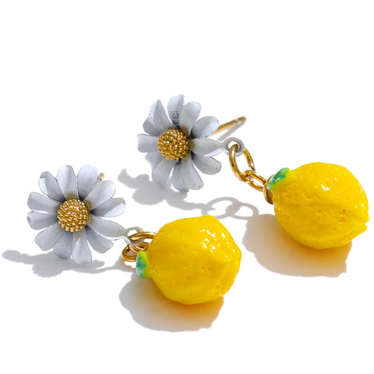 Yellow resin zirconia fruit lemon dangle earrings - product image