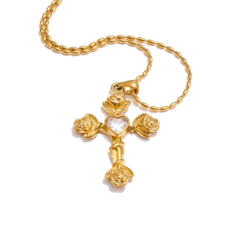 Zircon rose flower cross pendant necklace - product image