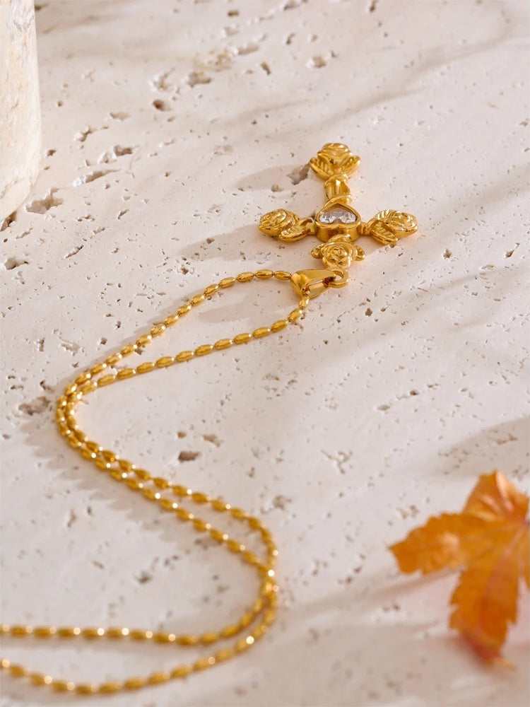 Zircon rose flower cross pendant necklace - product image