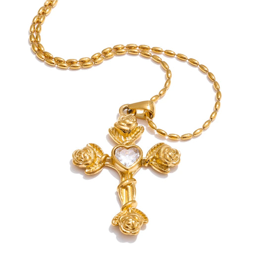 Zircon rose flower cross pendant necklace - product image