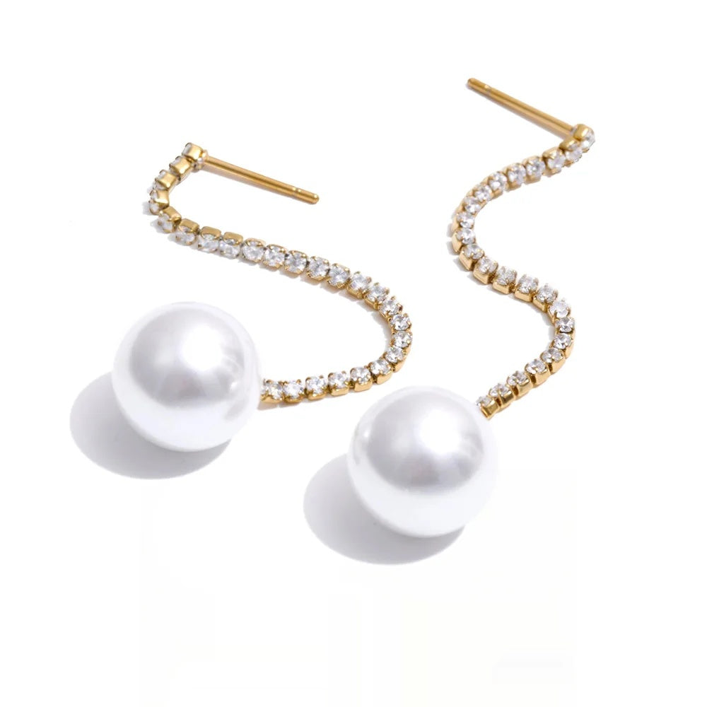 Zirconia chain drop simulated pearl round earrings - product image