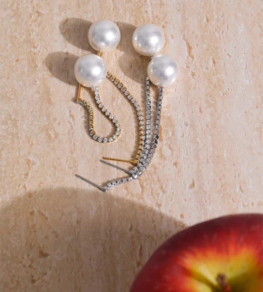 Zirconia chain drop simulated pearl round earrings - product image