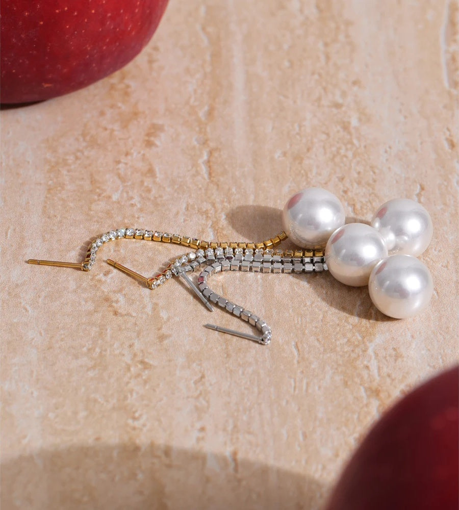Zirconia chain drop simulated pearl round earrings - product image