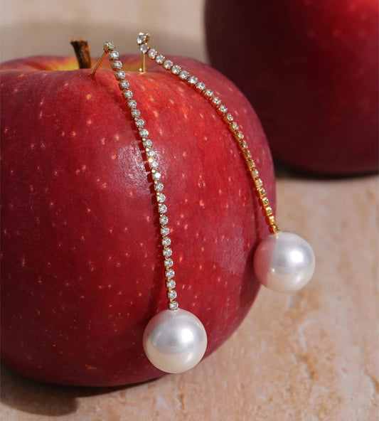 Zirconia chain drop simulated pearl round earrings - product image