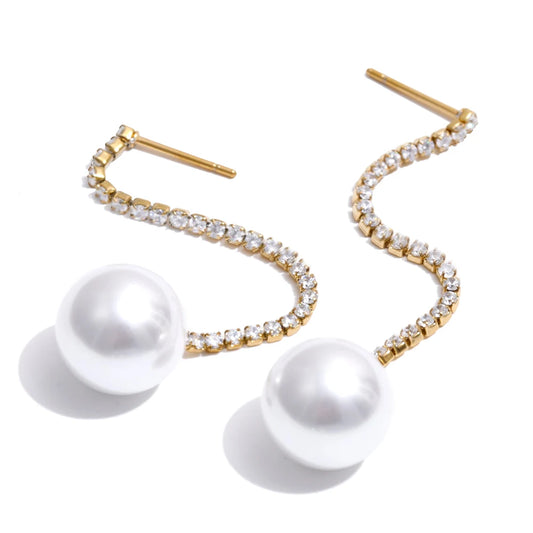 Zirconia chain drop simulated pearl round earrings - product image