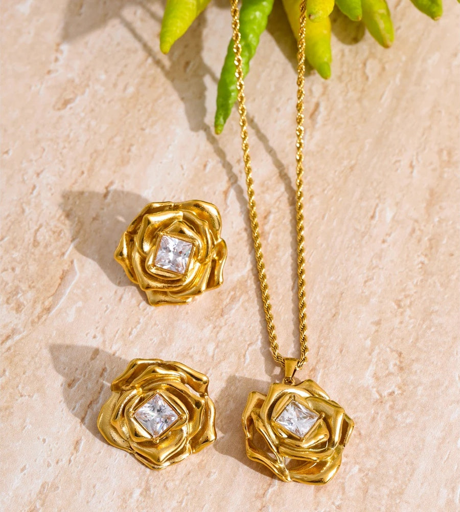 Zirconia flower pendant necklace earrings set - product image
