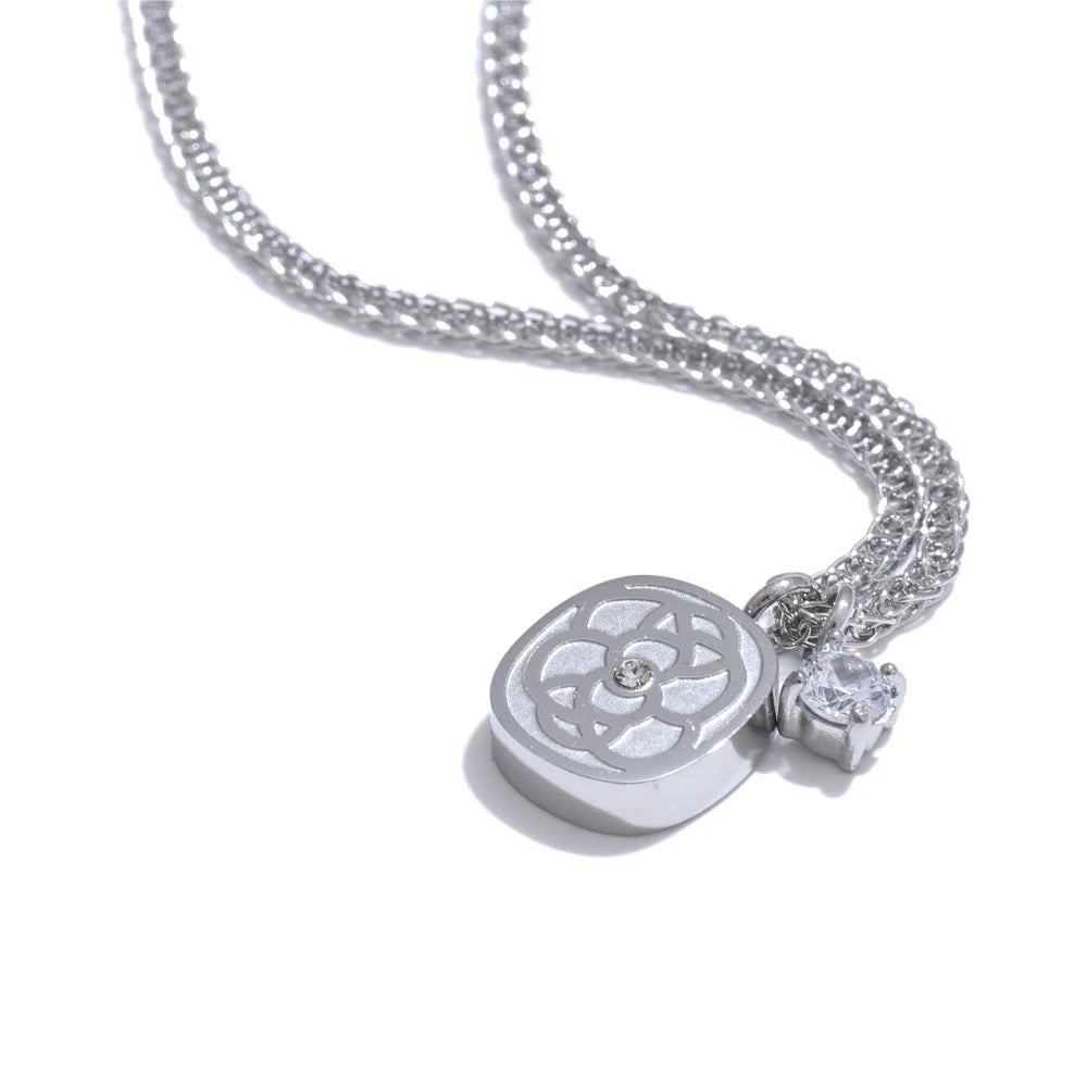 Zirconia square flower thick pendant necklace - product image