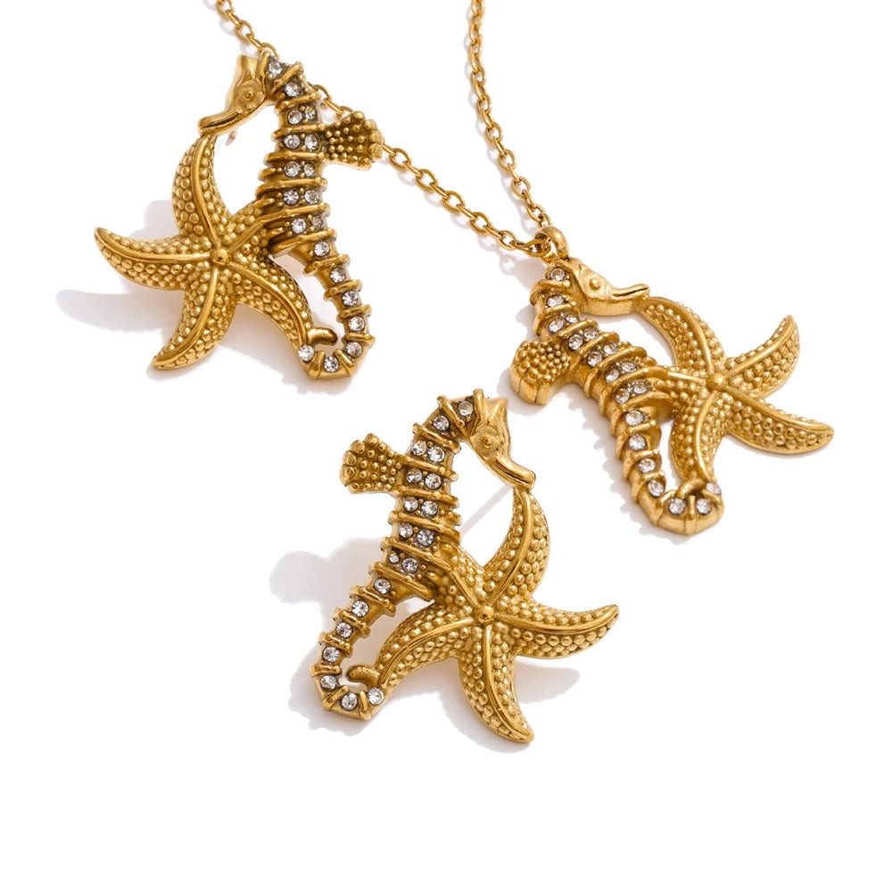 Zirconia starfish seahorse necklace earring set - product image