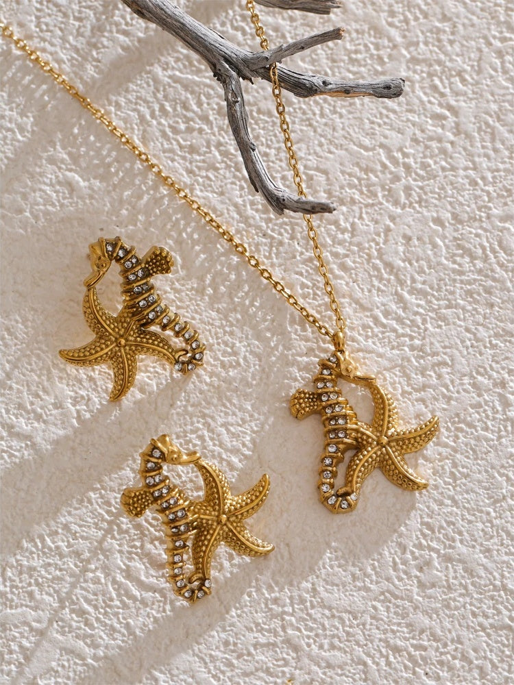 Zirconia starfish seahorse necklace earring set - product image