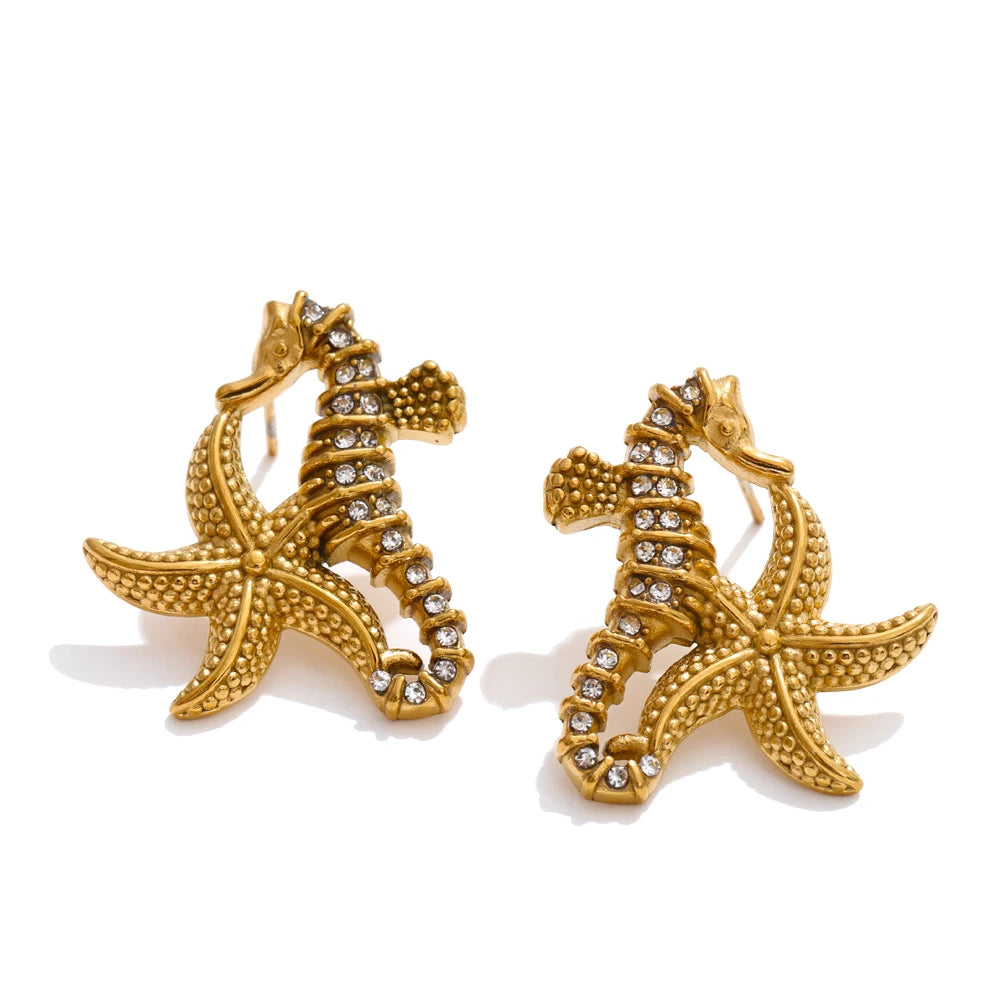 Zirconia starfish seahorse necklace earring set - product image