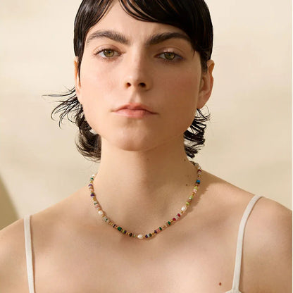 Y2K Pearl and Natural Stone Beaded Necklace with Gold-Tone Details