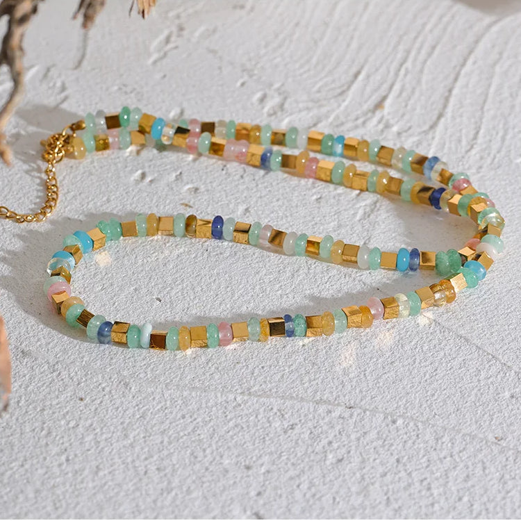 Handmade Blue & Light-Tone Natural Stone Bead Necklace with Gold Accents