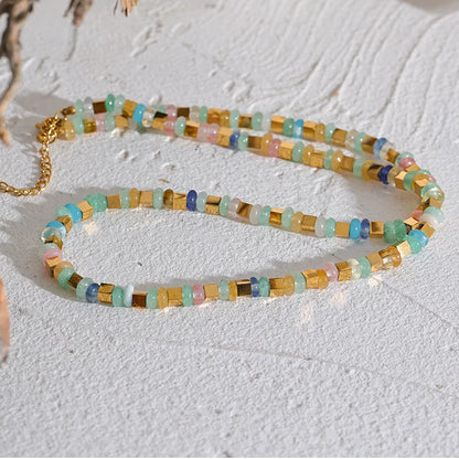 Handmade Blue & Light-Tone Natural Stone Bead Necklace with Gold Accents