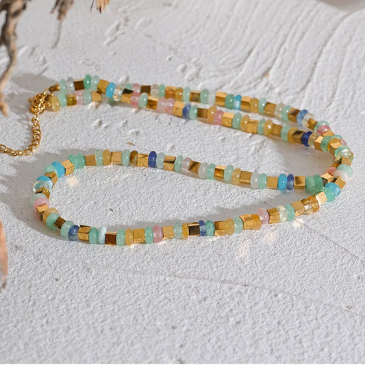 Handmade Blue & Light-Tone Natural Stone Bead Necklace with Gold Accents