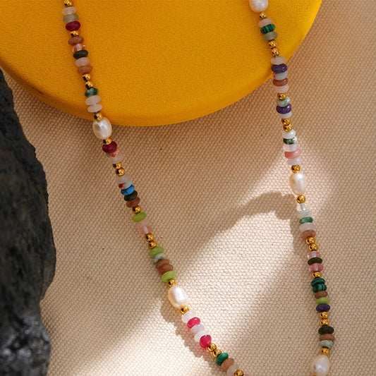 Y2K Pearl and Natural Stone Beaded Necklace with Gold-Tone Details