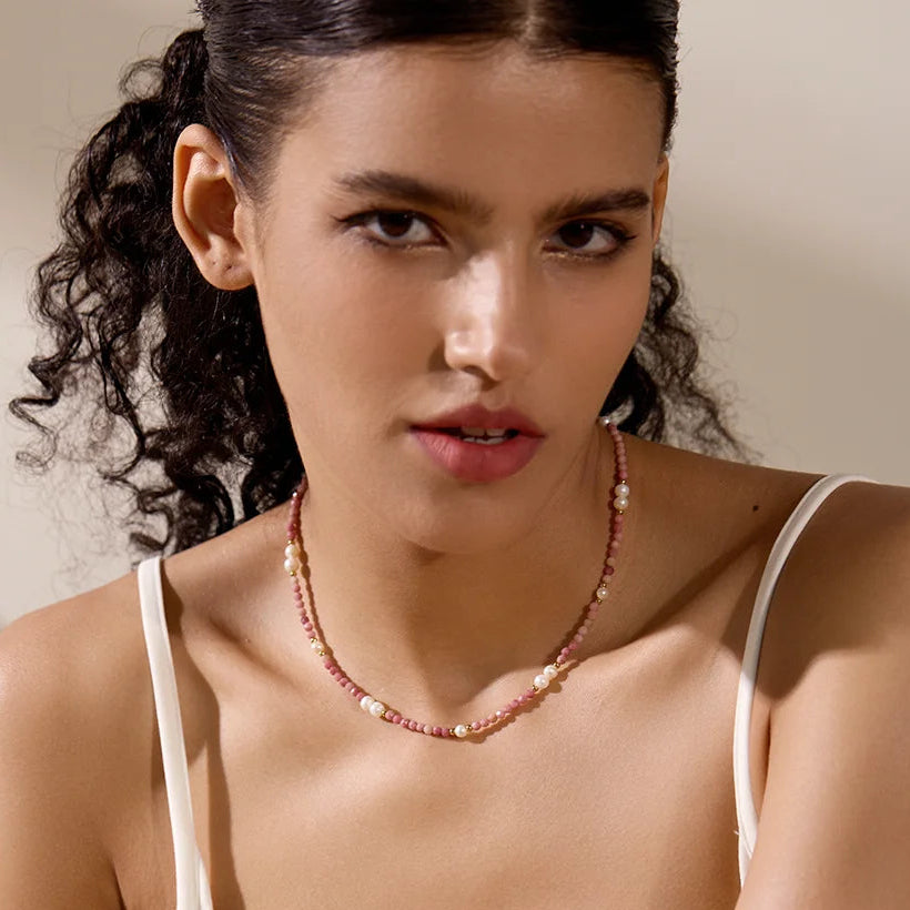 Handmade Pink Rhodochrosite Necklace with Freshwater Pearls – Natural Stone Jewelry