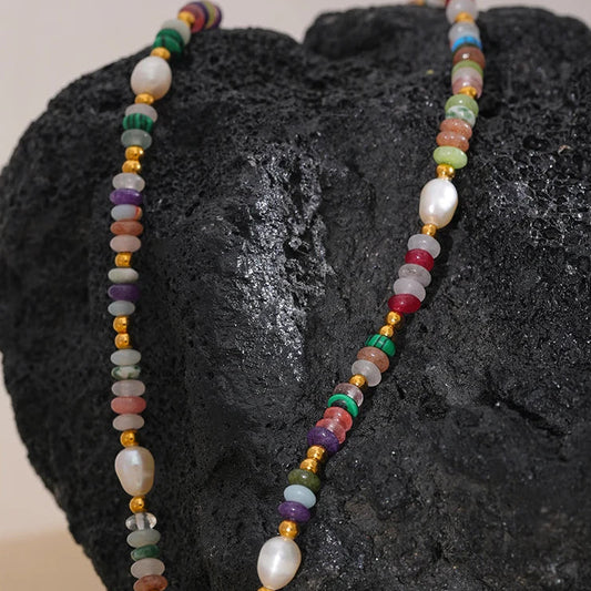 Y2K Pearl and Natural Stone Beaded Necklace with Gold-Tone Details