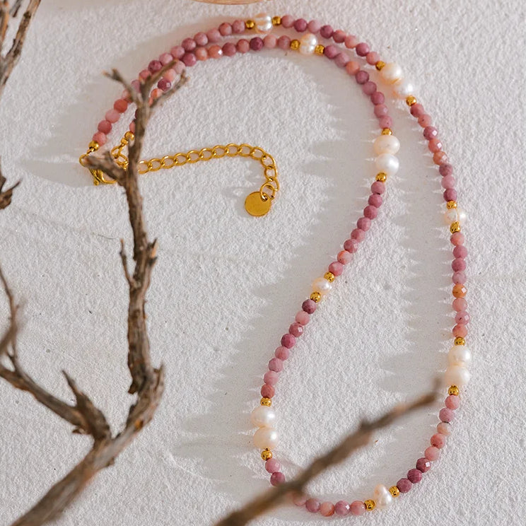 Handmade Pink Rhodochrosite Necklace with Freshwater Pearls – Natural Stone Jewelry