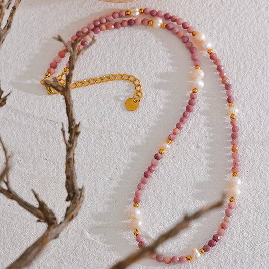 Handmade Pink Rhodochrosite Necklace with Freshwater Pearls – Natural Stone Jewelry