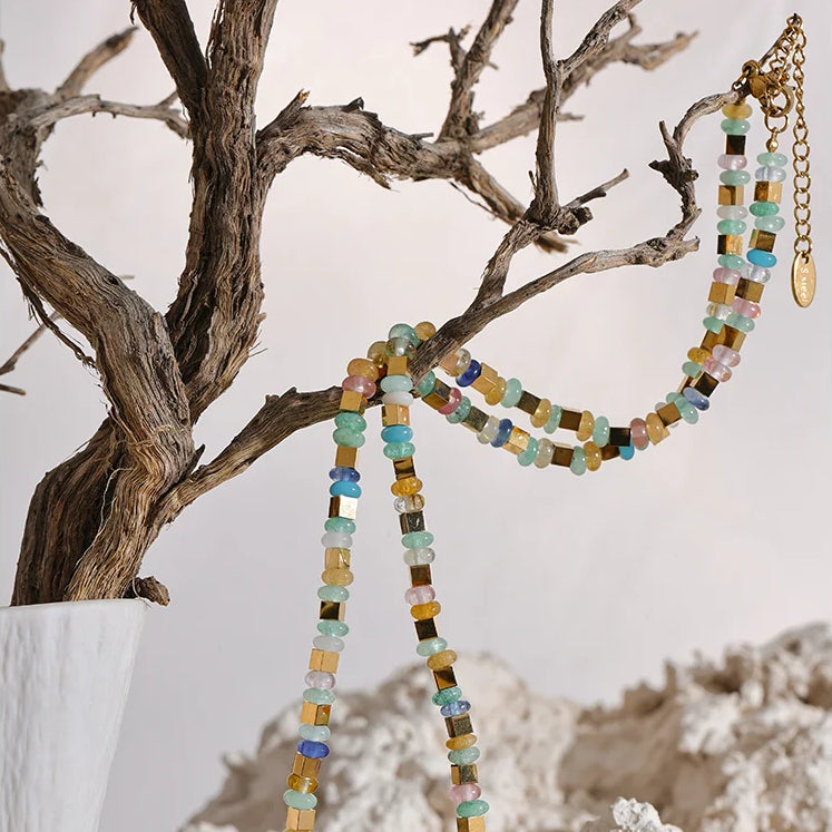 Handmade Blue & Light-Tone Natural Stone Bead Necklace with Gold Accents