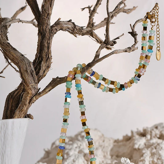 Handmade Blue & Light-Tone Natural Stone Bead Necklace with Gold Accents