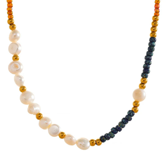 Handmade Natural Freshwater Pearl & Gold and Blue Beaded Gold Plated Necklace