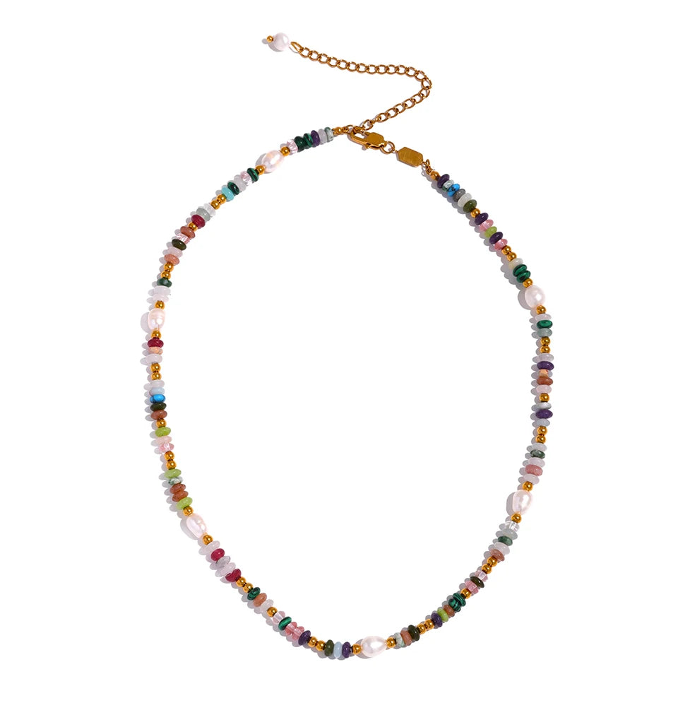 Y2K Pearl and Natural Stone Beaded Necklace with Gold-Tone Details