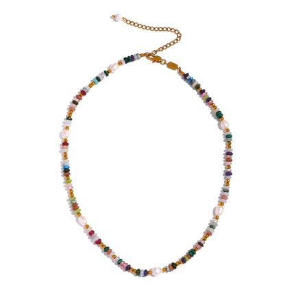 Y2K Pearl and Natural Stone Beaded Necklace with Gold-Tone Details