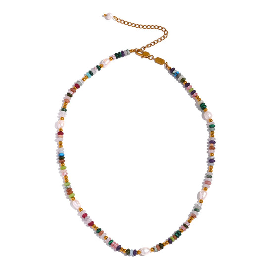 Y2K Pearl and Natural Stone Beaded Necklace with Gold-Tone Details
