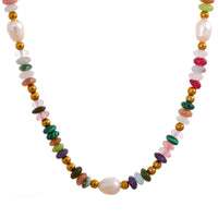 Y2K Pearl and Natural Stone Beaded Necklace with Gold-Tone Details