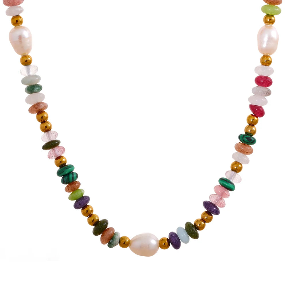Y2K Pearl and Natural Stone Beaded Necklace with Gold-Tone Details