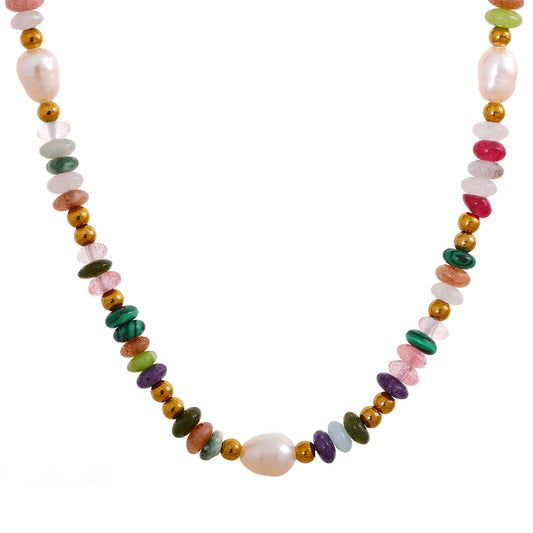 Y2K Pearl and Natural Stone Beaded Necklace with Gold-Tone Details