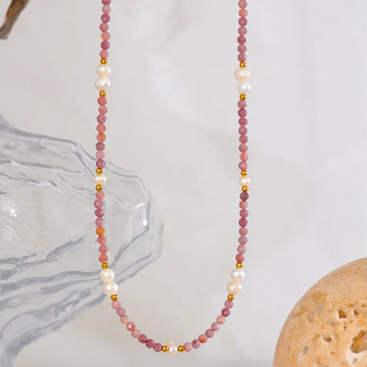 Handmade Pink Rhodochrosite Necklace with Freshwater Pearls – Natural Stone Jewelry