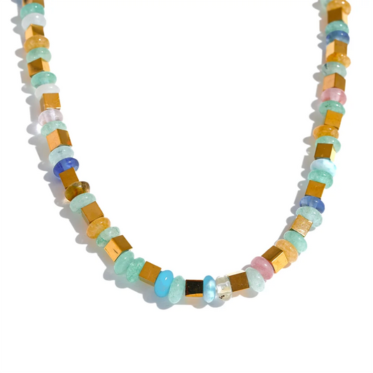 Handmade Blue & Light-Tone Natural Stone Bead Necklace with Gold Accents