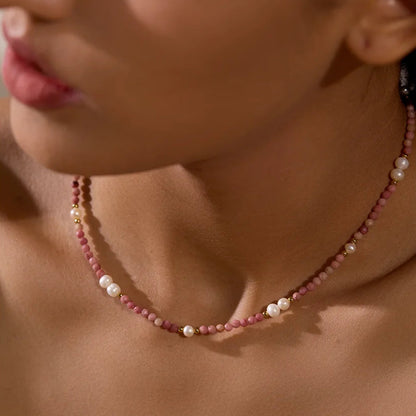 Handmade Pink Rhodochrosite Necklace with Freshwater Pearls – Natural Stone Jewelry