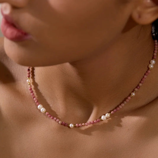 Handmade Pink Rhodochrosite Necklace with Freshwater Pearls – Natural Stone Jewelry