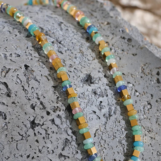 Handmade Blue & Light-Tone Natural Stone Bead Necklace with Gold Accents