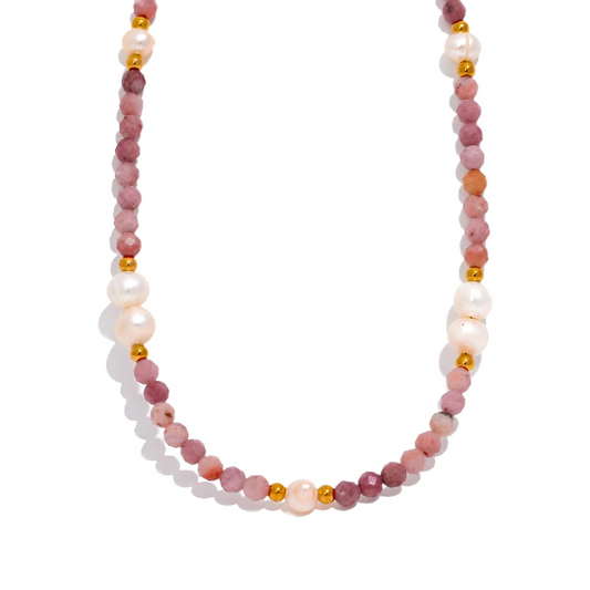 Handmade Pink Rhodochrosite Necklace with Freshwater Pearls – Natural Stone Jewelry