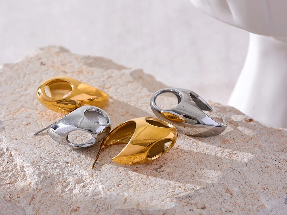Abstract hollow huggie hoop earrings gold silver - product image
