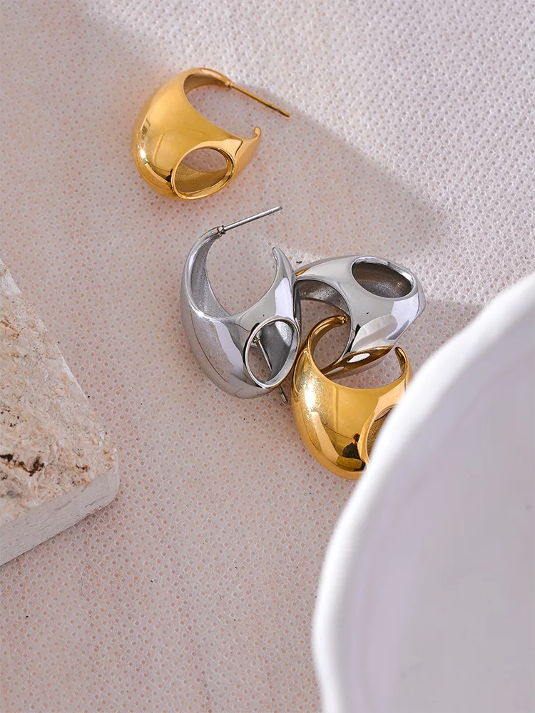 Abstract hollow huggie hoop earrings gold silver - product image