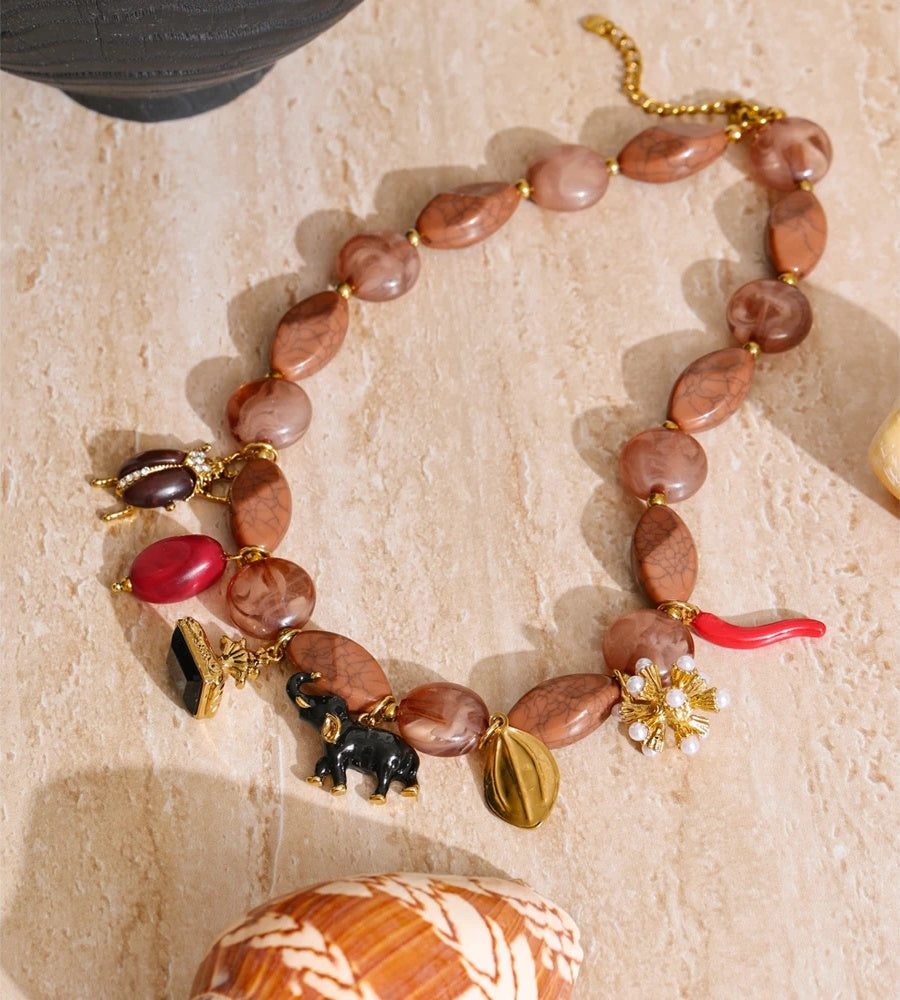 Acrylic beads chain beetle elephant pendant necklace - product image