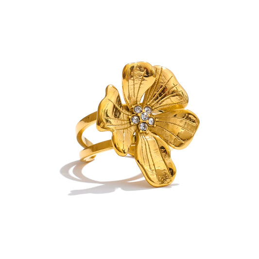 Adjustable golden flower rhinestone ring - product image