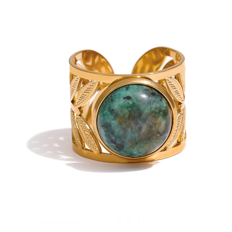 Adjustable green natural turquoise bezel ring - product image