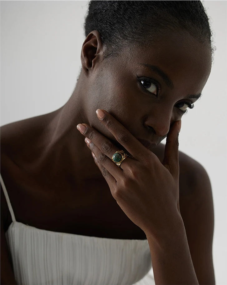 Adjustable green natural turquoise bezel ring - product image