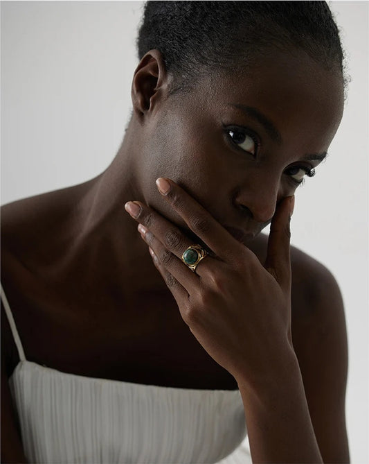 Adjustable green natural turquoise bezel ring - product image