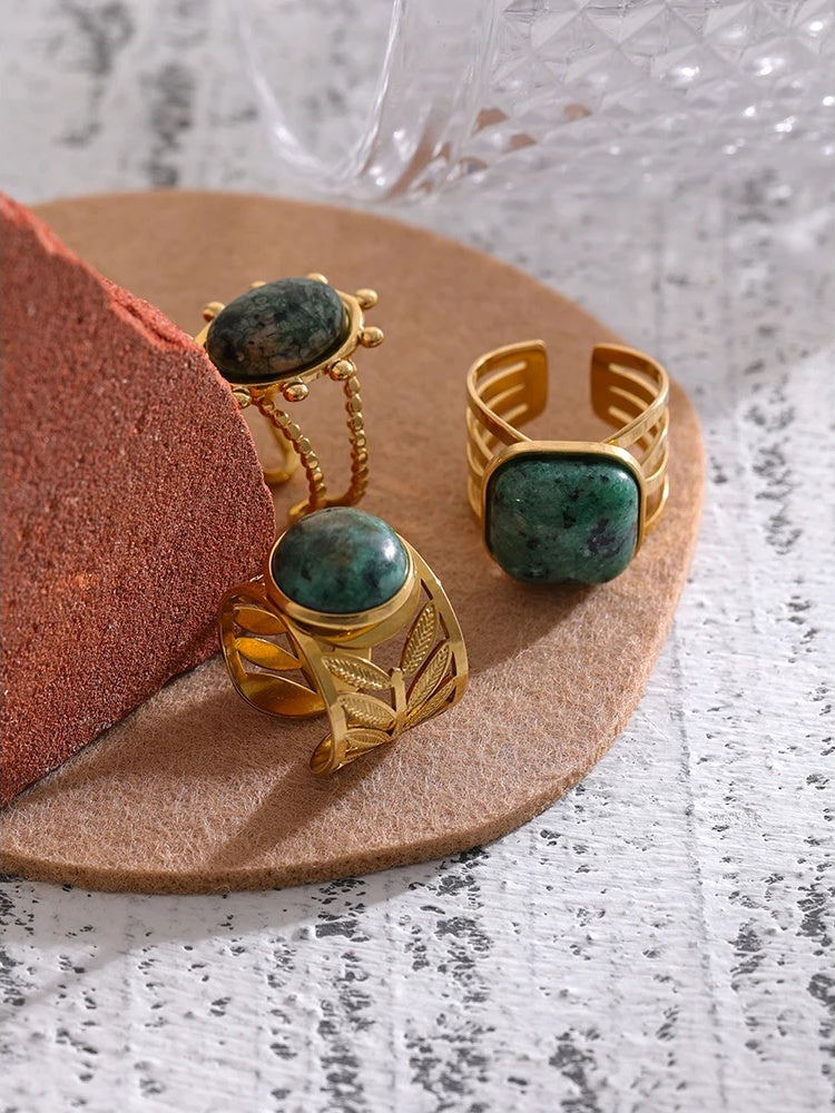 Adjustable green natural turquoise bezel ring - product image