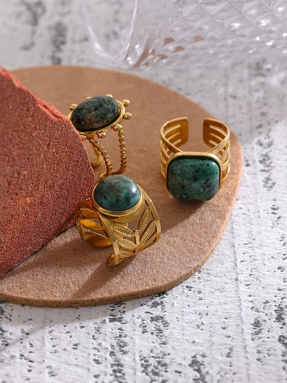 Adjustable green natural turquoise bezel ring - product image