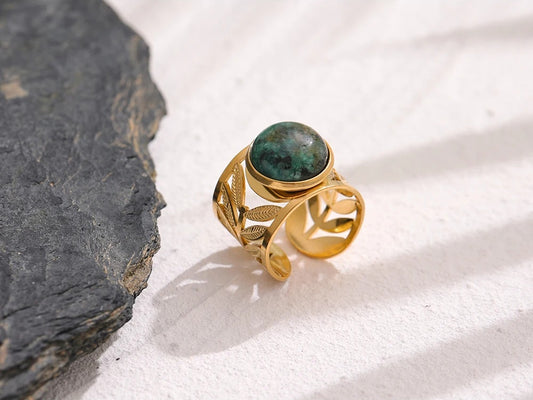 Adjustable green natural turquoise bezel ring - product image